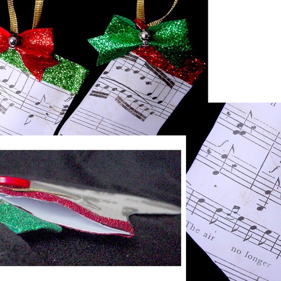 4 CHRISTMAS STOCKING ORNAMENTS REVERSIBLE HANDMADE MUSIC & OLD TYPEWRITERS - Picture 4 of 4